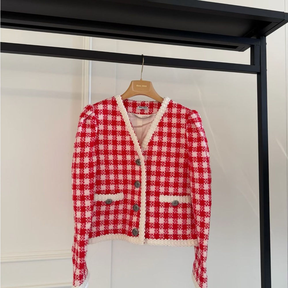 🚩steal Authentic Miu Miu Red and White Plaid Blazer